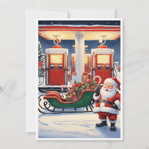 Cartão De Festividades Papai Noel engraçado e hilário em um posto de gaso