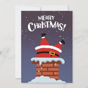 Cartão De Festividades Papai Noel engraçado preso na chaminé