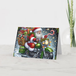 Cartão De Festividades Papai Noel Entregando Pacotes em Moto Verde