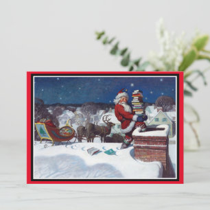 Cartão De Festividades Papai Noel entregando uma braçada de livros