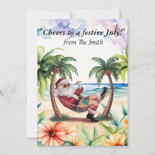 Cartão De Festividades Papai Noel está na praia para o Natal em julho