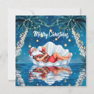Cartão De Festividades Papai Noel está tendo uma festa de Natal na piscin