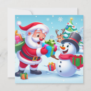 Cartão De Festividades Papai Noel Fofo e Boneco de Neve