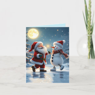 Cartão De Festividades Papai Noel fofo e boneco de neve dançando no gelo 