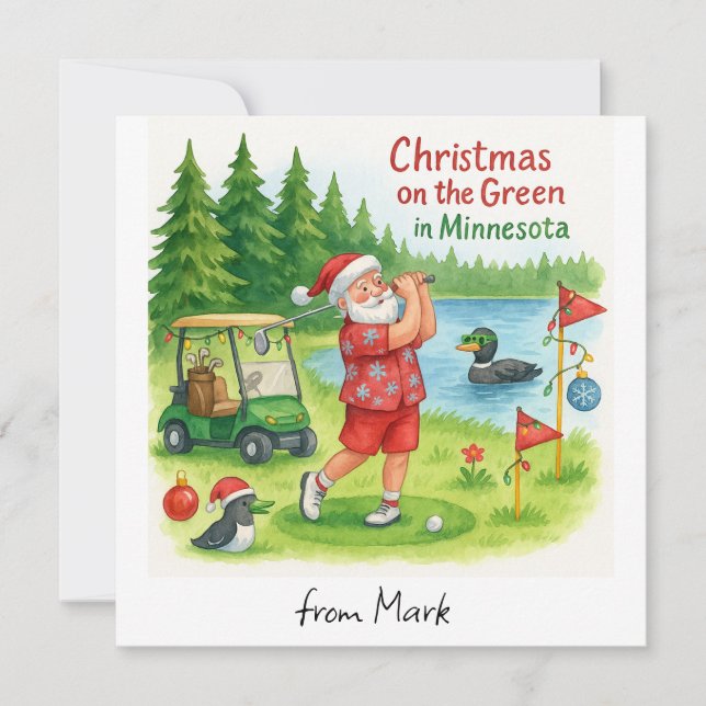 Cartão De Festividades Papai Noel golfista jogando golfe vista do lago Mi (Frente)