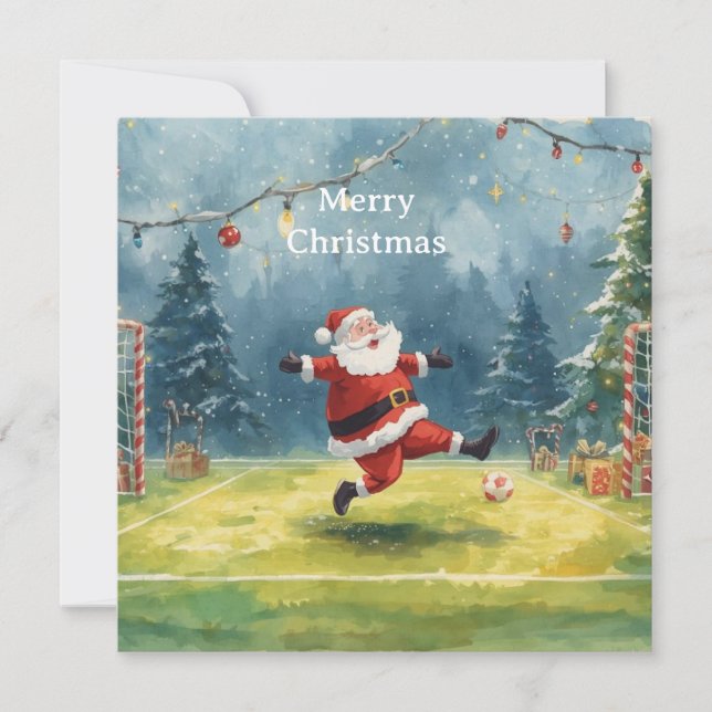Cartão De Festividades Papai Noel joga Futebol Natal Feriado  (Frente)