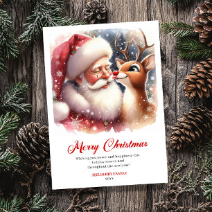 Cartão De Festividades Papai Noel Jovial e Rúdolph Saudação de Natal