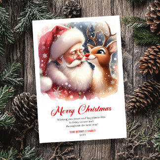 Cartão De Festividades Papai Noel Jovial e Rúdolph Saudação de Natal