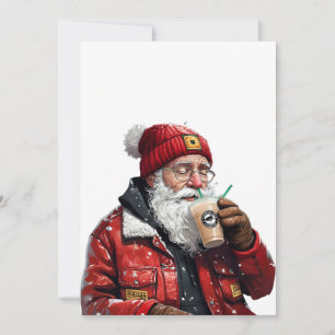 Cartão De Festividades Papai Noel Legal Bebendo Café Gelado Arte de Natal