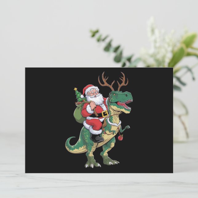 Cartão De Festividades Papai Noel montado em dinossauro T-Rex Natal Squad (Em pé/Frente)