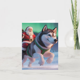 Cartão De Festividades Papai Noel Montado em um Husky Gigante na Neve