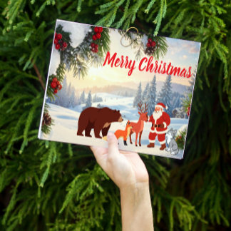 Cartão De Festividades Papai Noel na Montanha Nevada com Animais da Flore