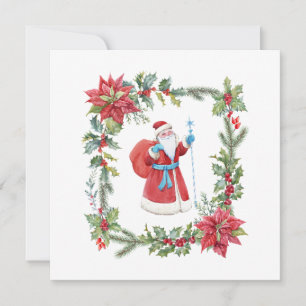 Cartão De Festividades Papai Noel, Poinsettia Vermelha e Holly Berry