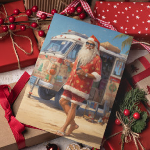 Cartão De Festividades Papai Noel Praia Retrô Legal