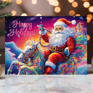Cartão De Festividades Papai Noel Psicodélico em Cavalo Arco-íris