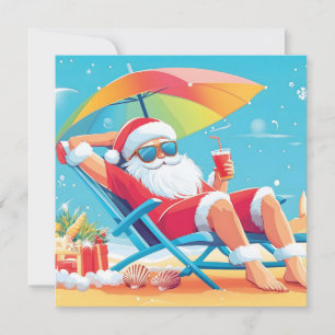 Cartão De Festividades Papai Noel Relaxando em uma Cadeira de Praia Tropi