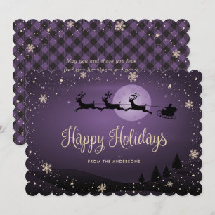 Cartão De Festividades Papai Noel Rena Floco de Neve Xadrez Roxo