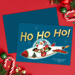 Cartão De Festividades Papai Noel Retro no Foguete Ho Ho Ho Natal sem Fot