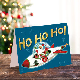 Cartão De Festividades Papai Noel Retro no Foguete Ho Ho Ho Natal sem Fot
