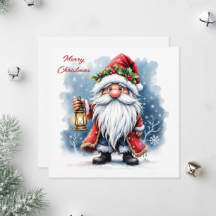 Cartão De Festividades Papai Noel segurando uma lâmpada brilhante.