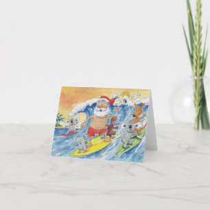 Cartão De Festividades Papai Noel surfando com seus amigos animais