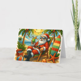 Cartão De Festividades Papai Noel surfando na praia tropical de Natal