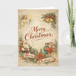 Cartão De Festividades Papai Noel Vintage Anjo e Carolas Feliz Natal