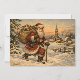 Cartão De Festividades Papai Noel Vintage Caminhando na Neve