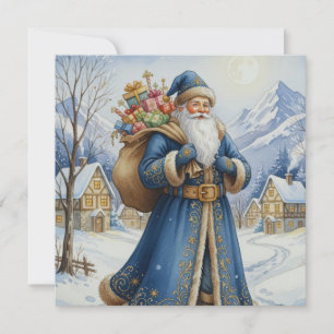Cartão De Festividades Papai Noel Vintage com Presentes e Vila de Montanh