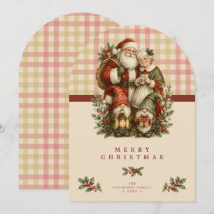 Cartão De Festividades Papai Noel Vintage e Gnomos da Sra. Claus Natal TM