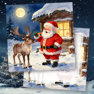 Cartão De Festividades Papai Noel Vintage e Rena de Natal Personalizado