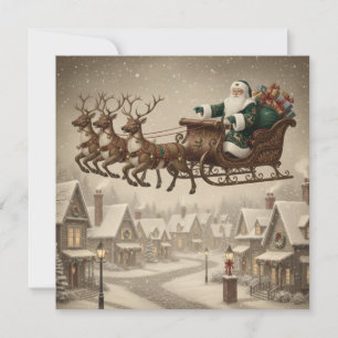 Cartão De Festividades Papai Noel vintage em seu trenó de rena