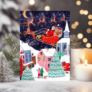 Cartão De Festividades Papai Noel Vintage Fofo Vila Natal Nórdica