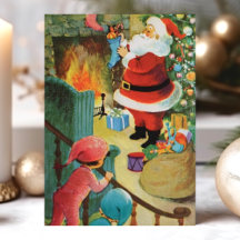 Papai Noel Vintage Lareira Crianças na Escada