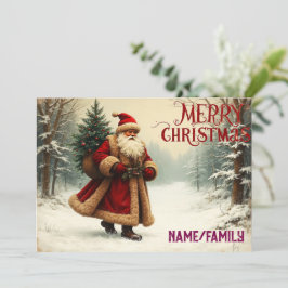 Cartão De Festividades Papai Noel Vintage na Floresta Nevada – Natal