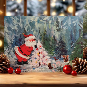 Cartão De Festividades Papai Noel Vintage Retro Animais da Floresta Natal