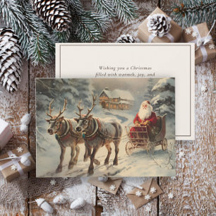 Cartão De Festividades Papai Noel Vintage Trenó Rena Neve