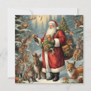 Cartão De Festividades Papai Noel Vitoriano com Presente e Animais da Flo