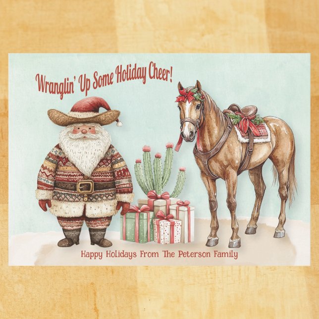 Cartão De Festividades Papai Noel Western Personalizado (Western Santa watercolor card with cactus, horse, and gifts – Wranglin’ Up Some Holiday Cheer!

)