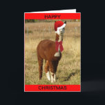 Cartão De Festividades Papais noeis Alpaca<br><div class="desc">Uma alpaca marrom e branca num chapéu de Papai Noel e um arco vermelho decoram este cartão de Natal bonito</div>