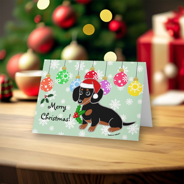 Cartão De Festividades Papais noeis Black and Tan Dachshund (Black and Tan Dachshund Santa Design Christmas Cards for Dachshund Owners.  Cute Cartoon Style.)