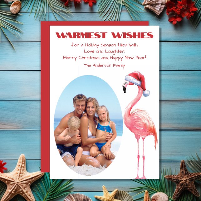 Cartão De Festividades Papais noeis bonitos Flamingo Tropical Beach Foto  (Cute Santa Flamingo Tropical Beach Photo Christmas Holiday Card)