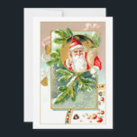 Cartão De Festividades Papais noeis com Tratamentos e Pino coberto por ne<br><div class="desc">vinheta colorida e encantadora de Papais noeis de vindima com um saco de presentes rodeados por galhos de pínus com cobertura de neve,  sinos de latão,  fita e doces festivos. A parte traseira apresenta elementos gráficos personalizados coordenados com campos de texto editáveis.</div>