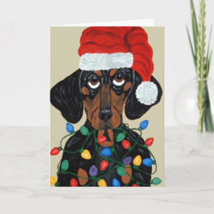 Cartão De Festividades Papais noeis Dachshund Tangidos Em Luzes De Natal