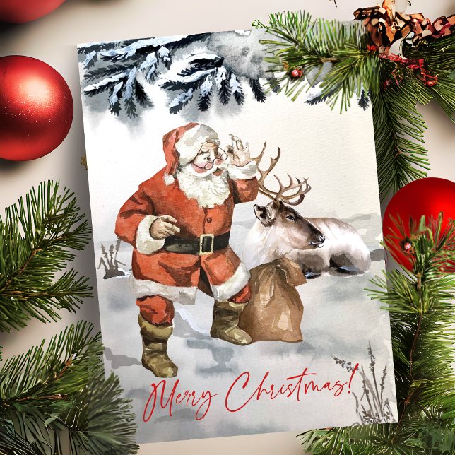 Cartão De Festividades Papais noeis De Aquarela Com O Natal Personalizado (Watercolor Santa With Reindeer Custom Christmas Holiday Card)