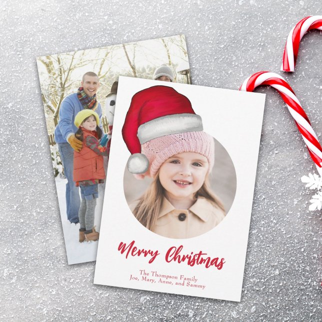 Cartão De Festividades Papais noeis de Natal bonitos Elf Engraçado Whimsi (Merry Christmas Whimsical red and white santa hat photo card)
