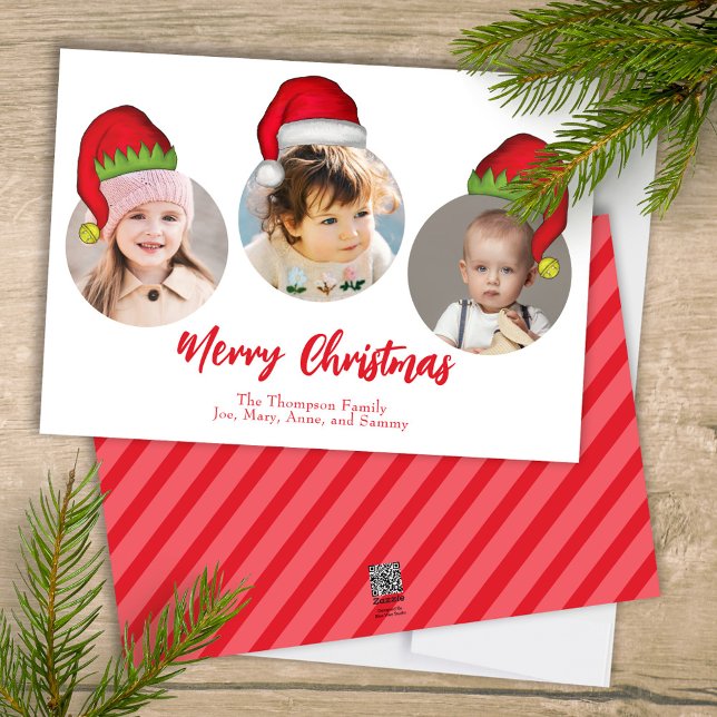 Cartão De Festividades Papais noeis de Natal bonitos Elf Engraçados Image (Merry Christmas cute whimsical multi-photo greeting card with a three-photo template. )
