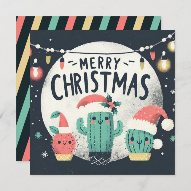 Cartão De Festividades Papais noeis de Natal com plantas de cactus (Frente/Verso)