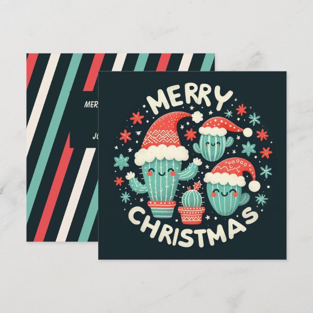 Cartão De Festividades Papais noeis de Natal com plantas de cactus (Frente/Verso)