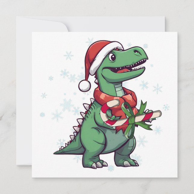Cartão De Festividades Papais noeis de Natal Dinossauro com Candy Cane (Frente)